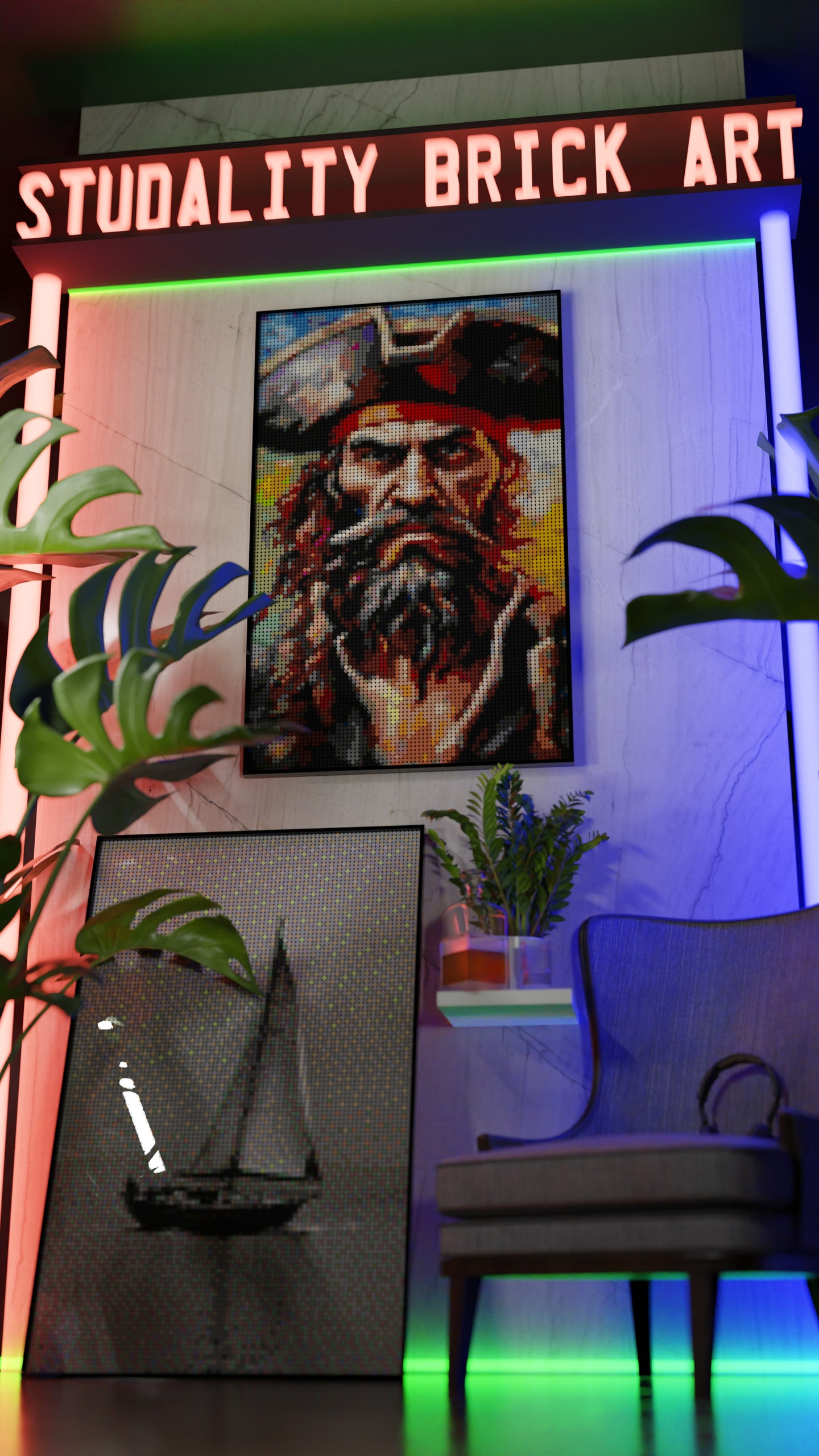 Captain Dreadheart LEGO® Style mosaic wall art made from colorful plastic bricks